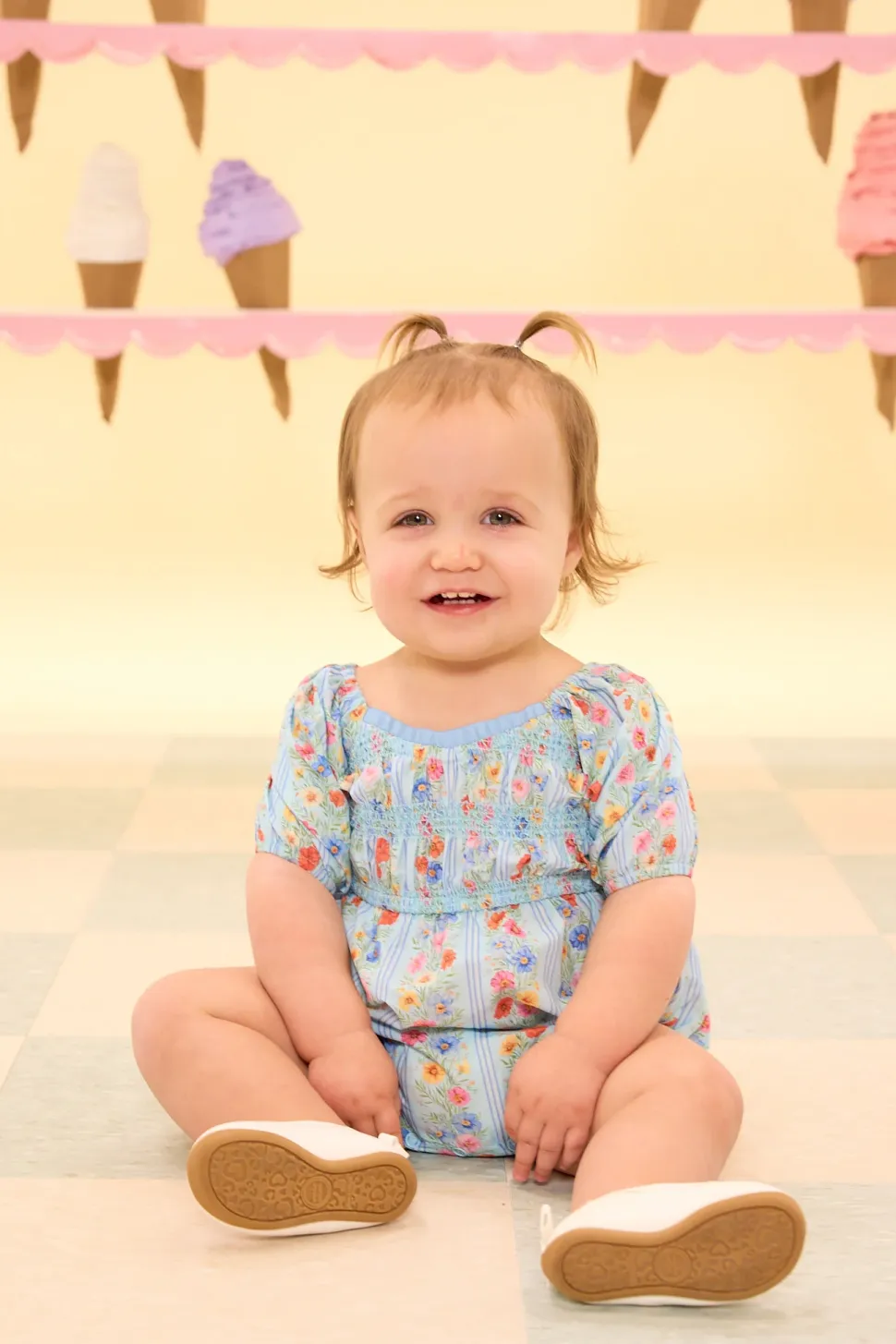 Baby Roselyn Romper in Blue Linear Floral Print