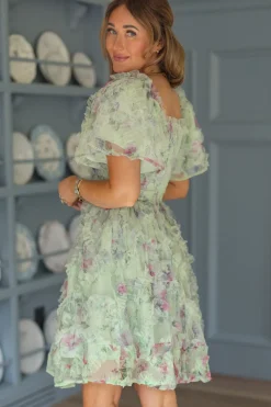 Florentina Short Dress in Pistachio Aquarelle Fleur