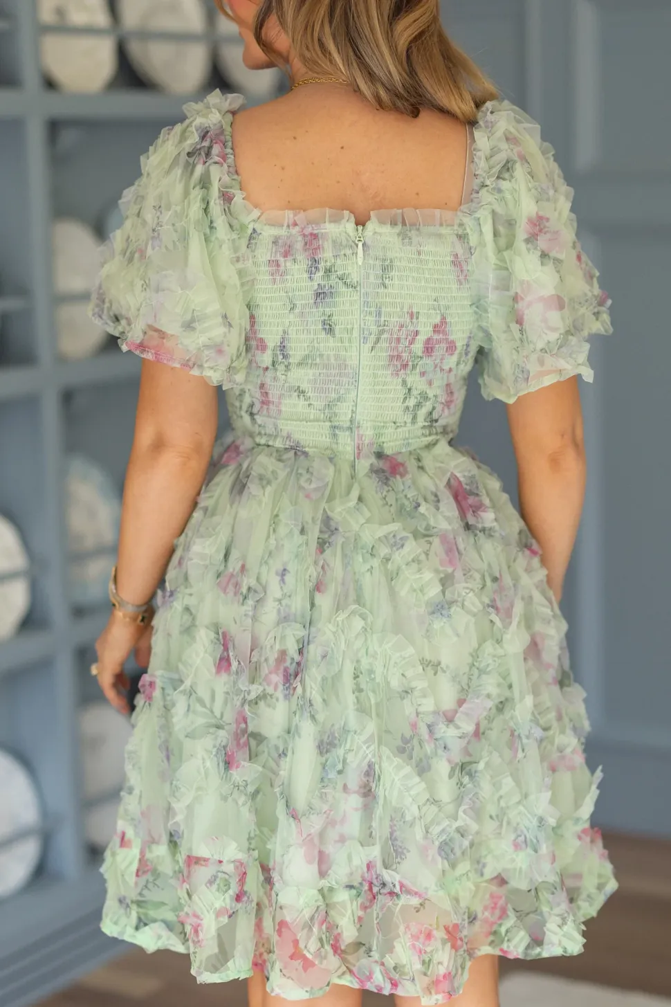 Florentina Short Dress in Pistachio Aquarelle Fleur