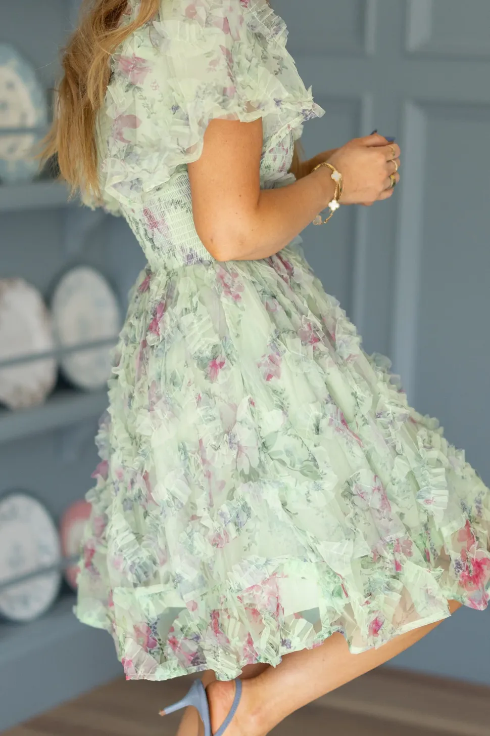 Florentina Short Dress in Pistachio Aquarelle Fleur