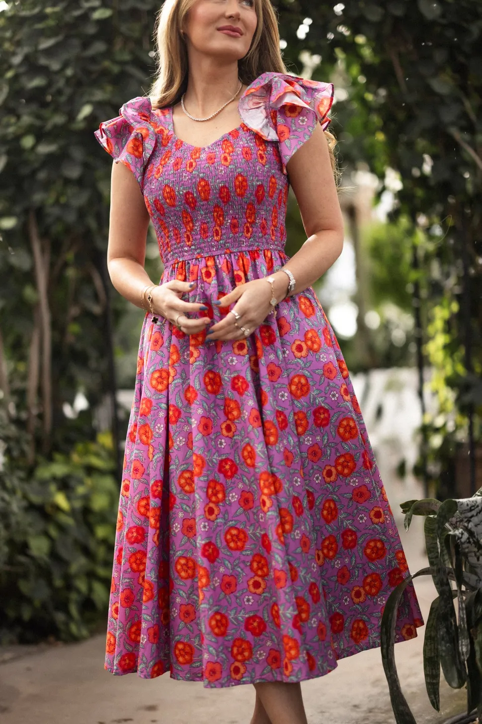 Hattie Dress in Thistle Flower Poppy Woodblock