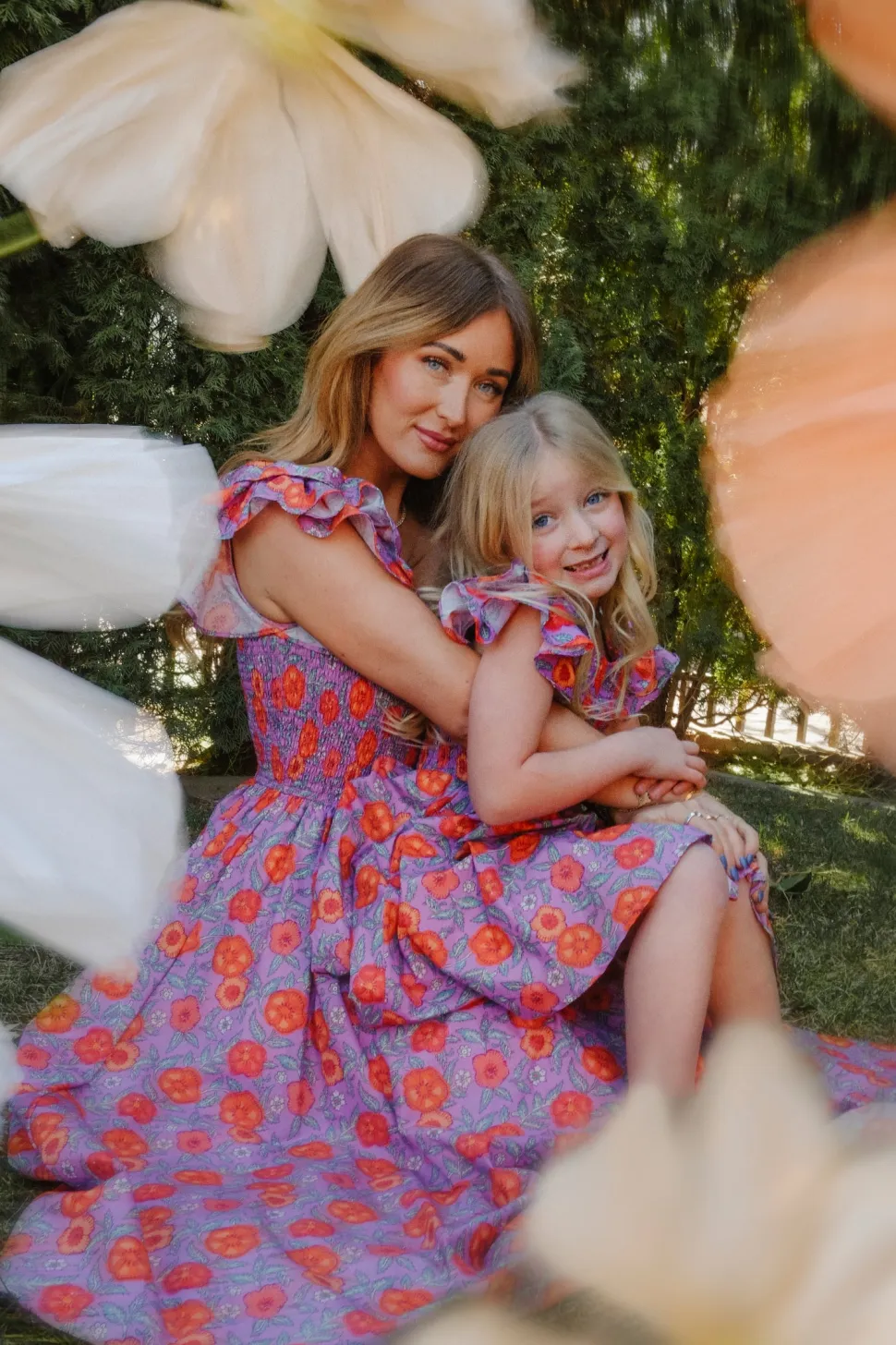 Hattie Dress in Thistle Flower Poppy Woodblock