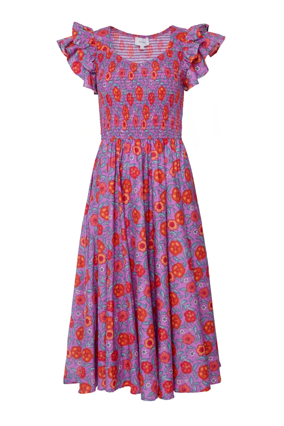 Hattie Dress in Thistle Flower Poppy Woodblock