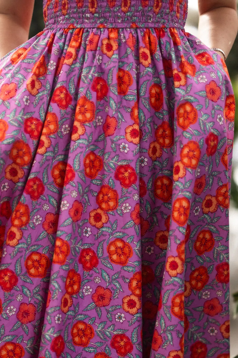 Hattie Dress in Thistle Flower Poppy Woodblock