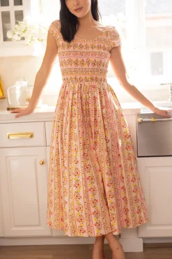 Marlow Cap Sleeve Dress in Peach Handpainted Flora Stripe