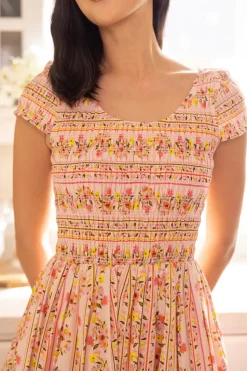 Marlow Cap Sleeve Dress in Peach Handpainted Flora Stripe