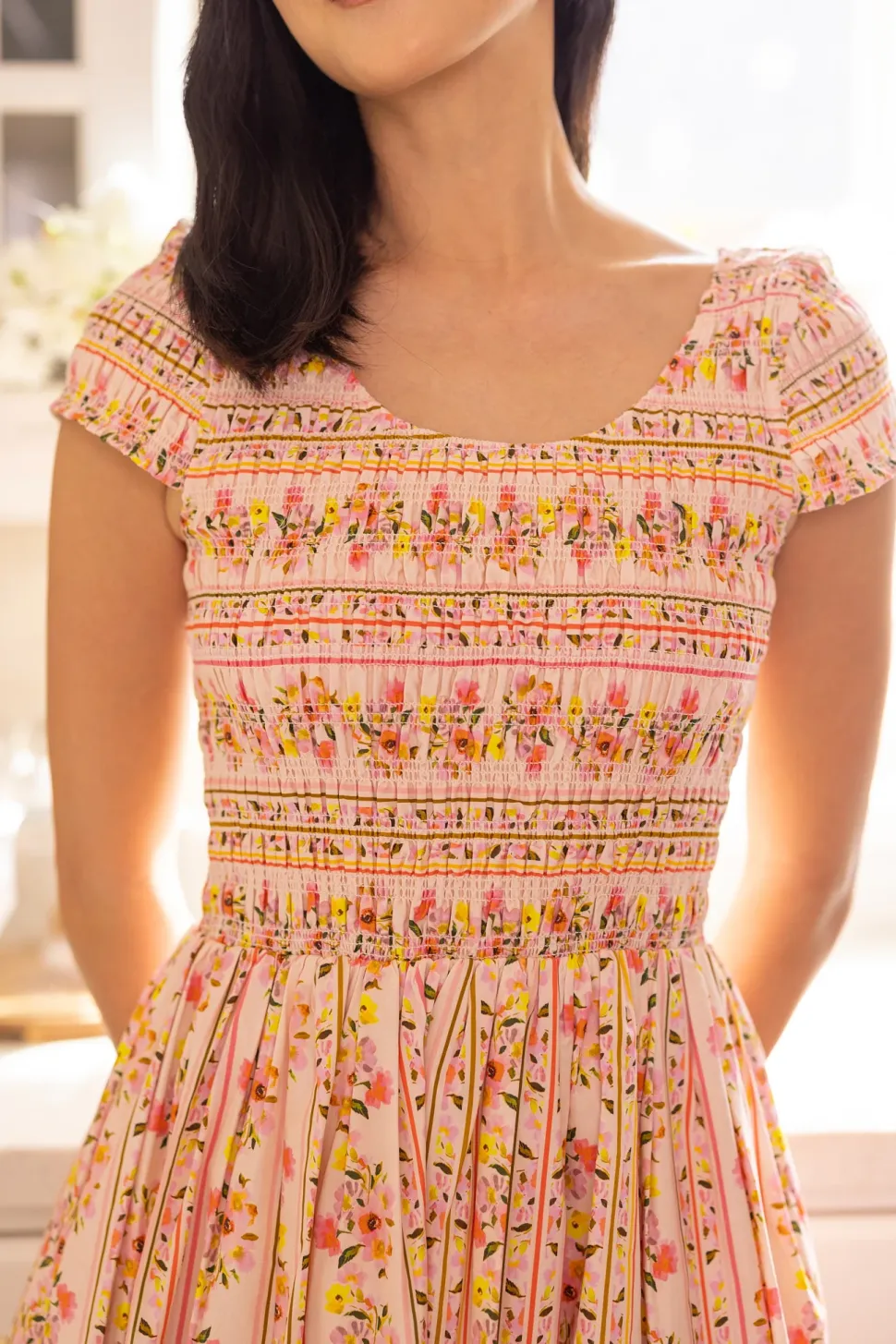 Marlow Cap Sleeve Dress in Peach Handpainted Flora Stripe