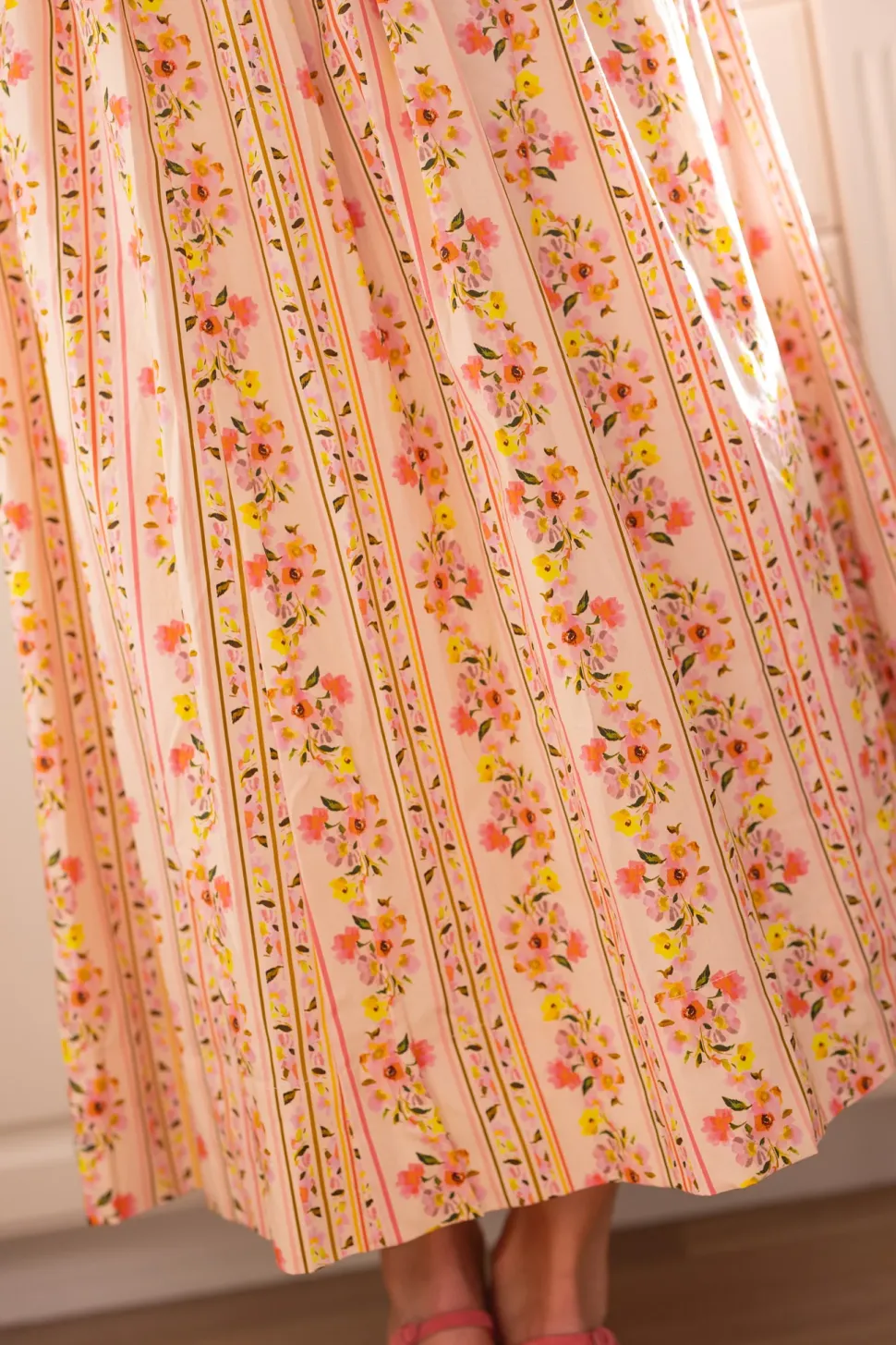 Marlow Cap Sleeve Dress in Peach Handpainted Flora Stripe