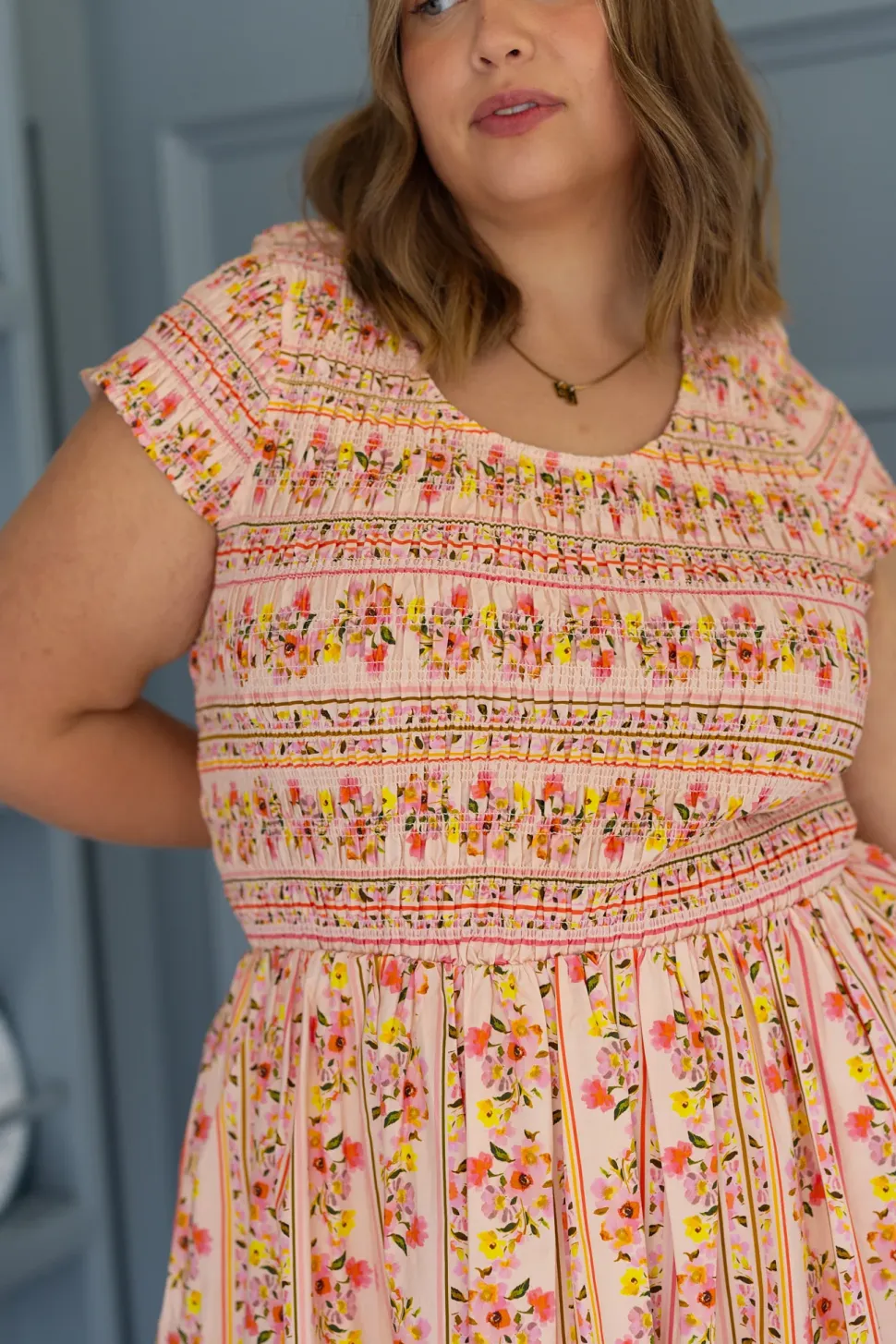 Marlow Cap Sleeve Dress in Peach Handpainted Flora Stripe