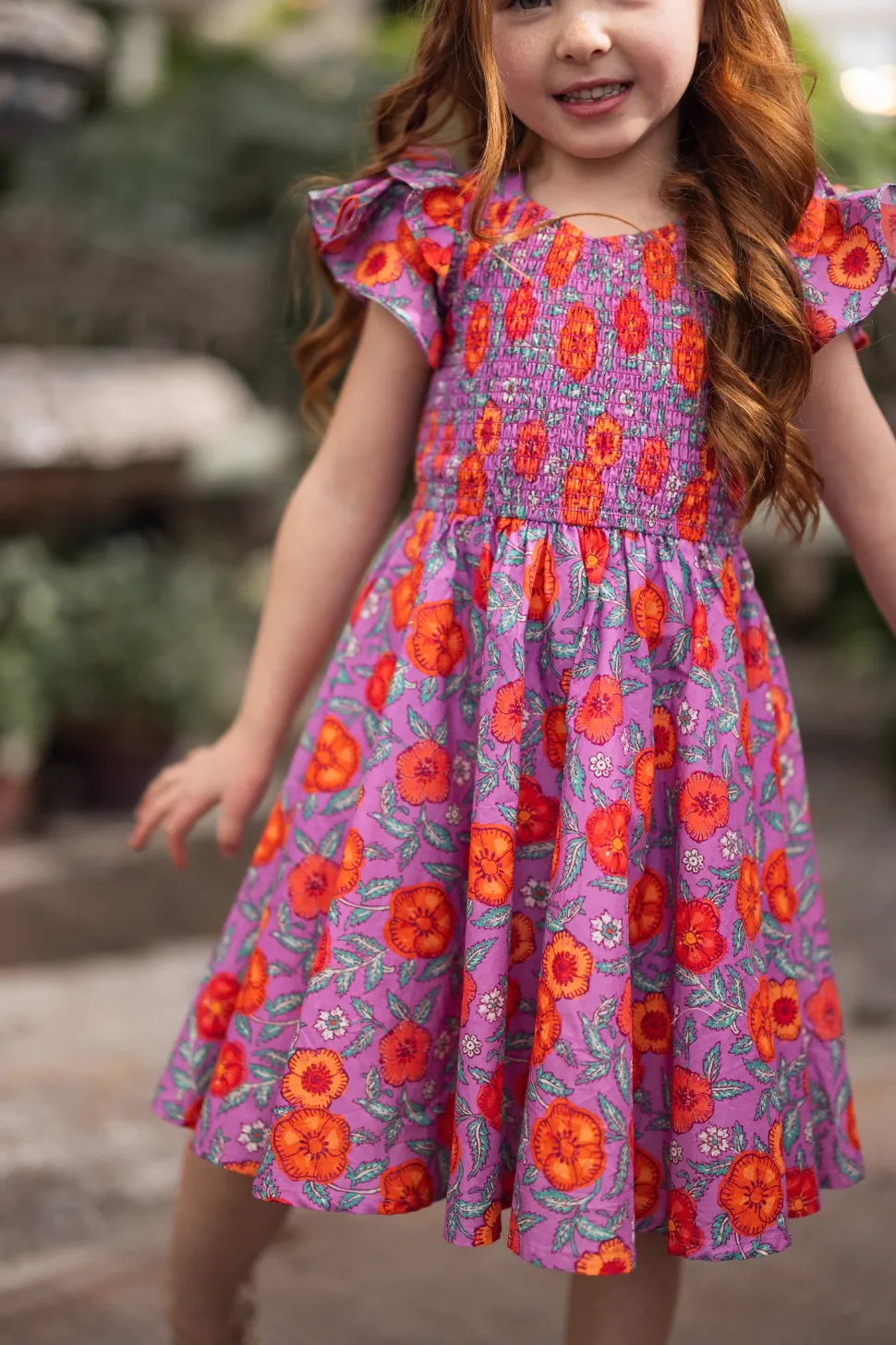 Mini Hattie Dress in Thistle Flower Poppy Woodblock