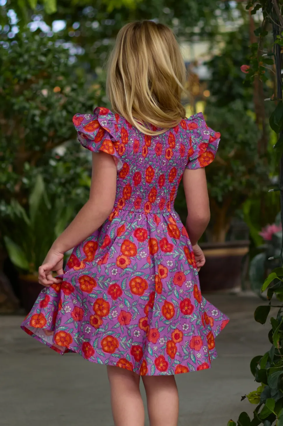 Mini Hattie Dress in Thistle Flower Poppy Woodblock