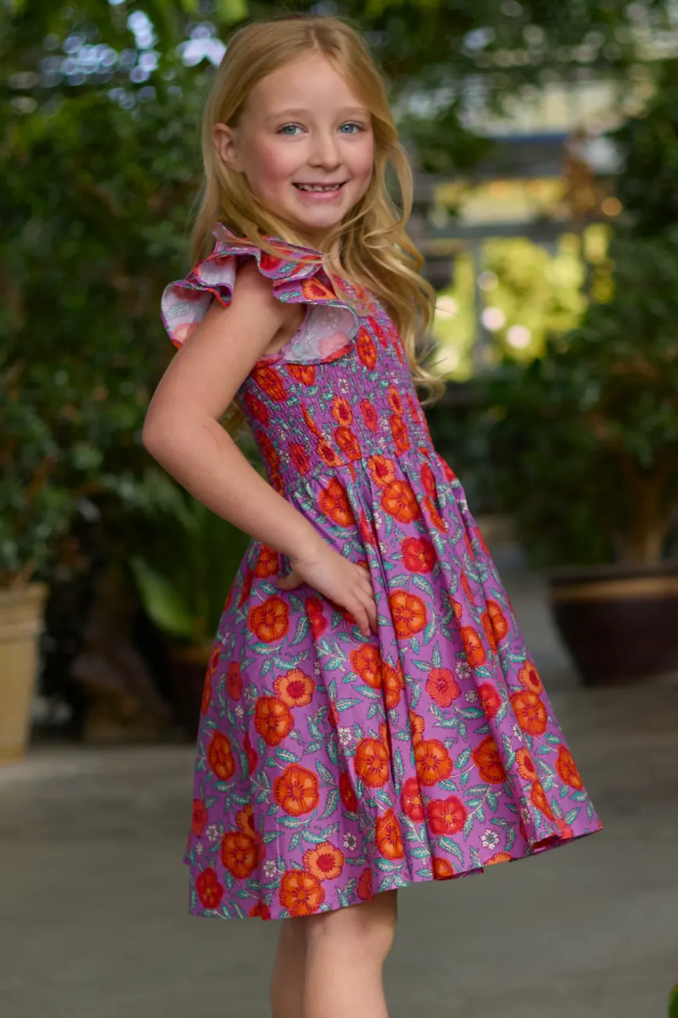 Mini Hattie Dress in Thistle Flower Poppy Woodblock