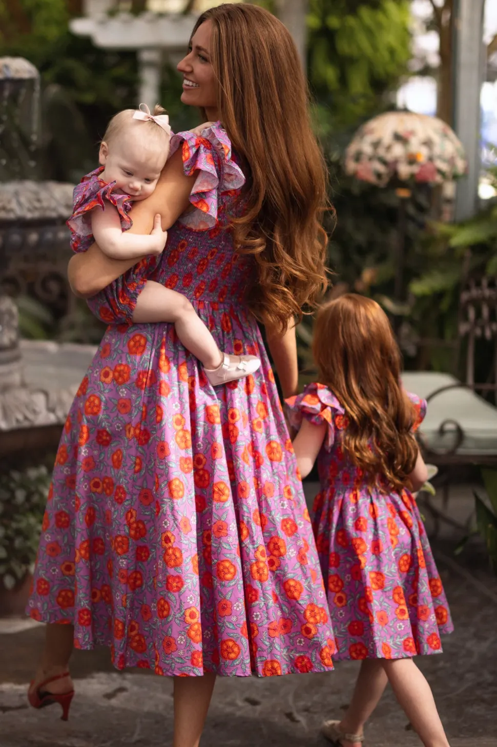Mini Hattie Dress in Thistle Flower Poppy Woodblock