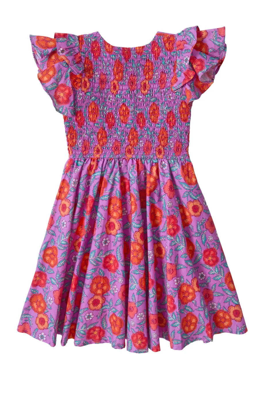 Mini Hattie Dress in Thistle Flower Poppy Woodblock