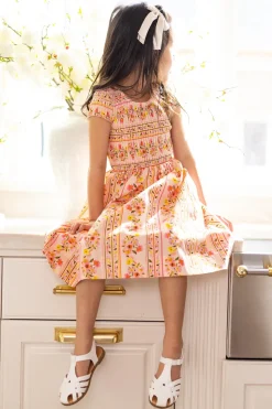 Mini Marlow Cap Sleeve Dress in Peach Handpainted Flora Stripe