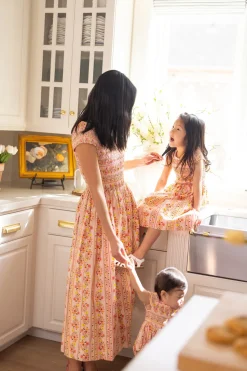 Mini Marlow Cap Sleeve Dress in Peach Handpainted Flora Stripe