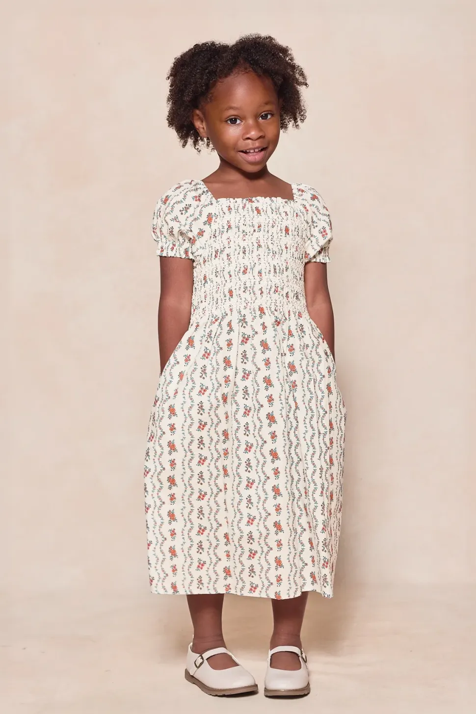 Mini Sunday Best Dress in Linear Poppy Woodblock