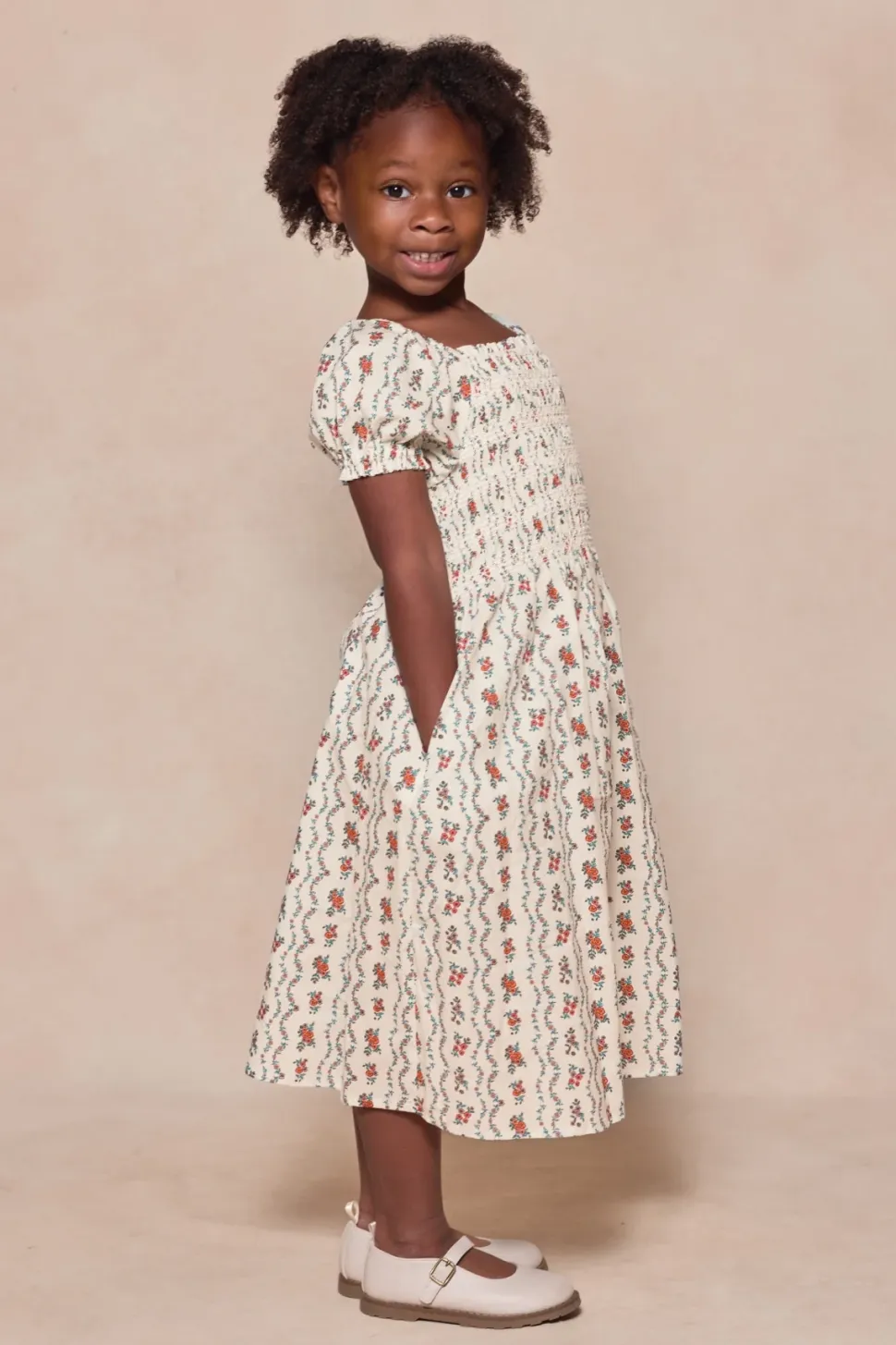 Mini Sunday Best Dress in Linear Poppy Woodblock
