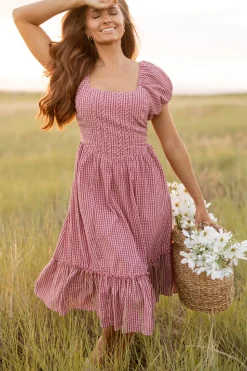 Monica Dress in Pink & Brown Gingham