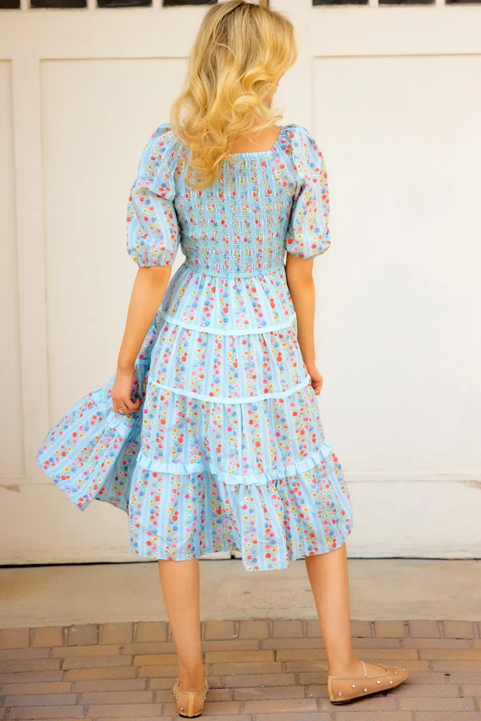 Roselyn Dress in Blue Linear Floral Print